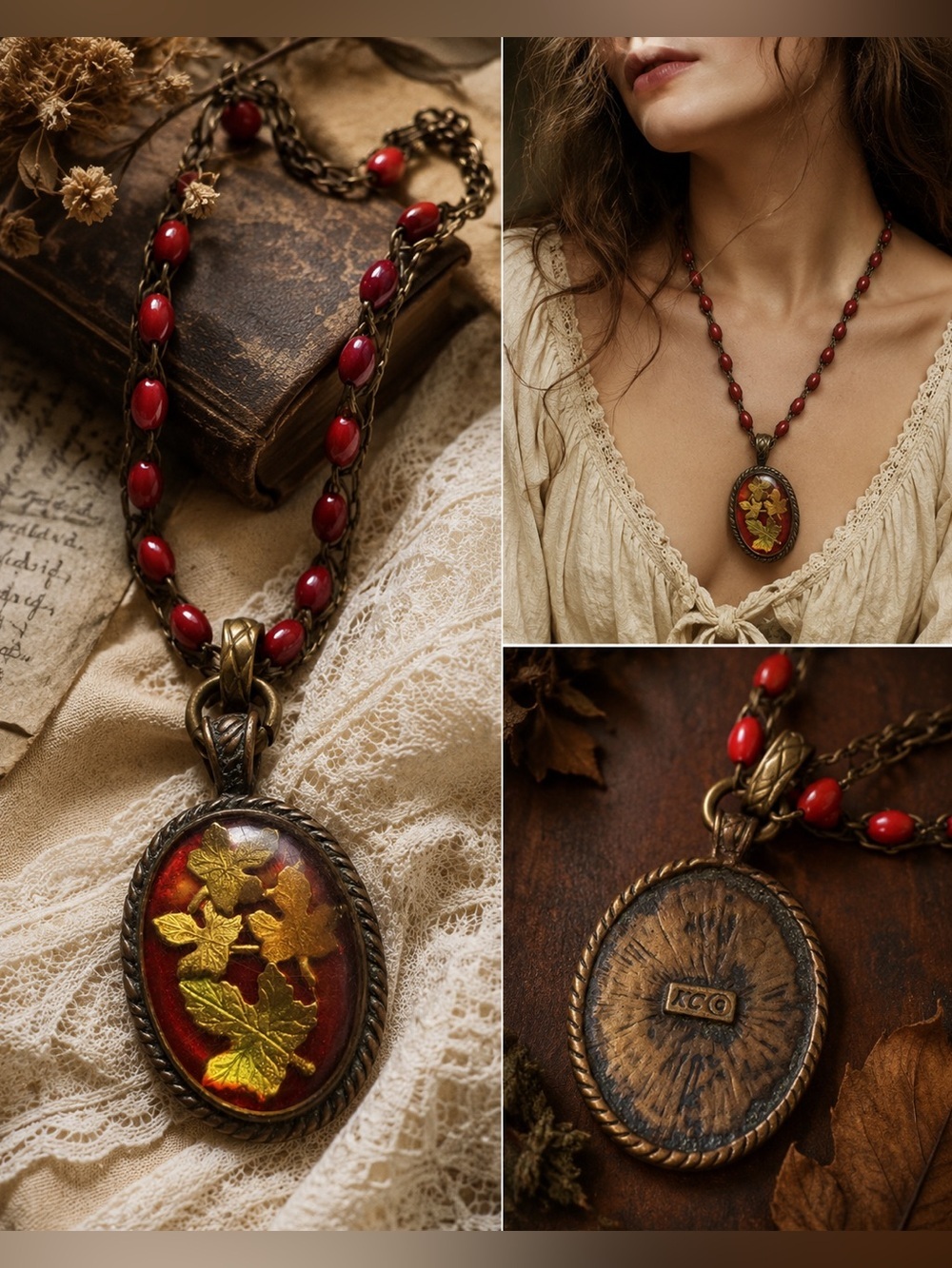 Vintage Artisan Botanical Pendant Necklace Red Lucite Copper Boho